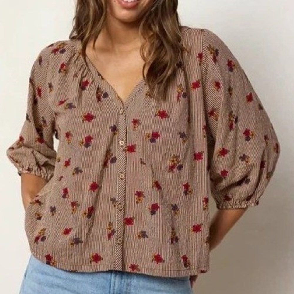 NEW Natural Life Abby Blouse Womens M Ditsy Garden Stripe Relaxed Boho Cottage